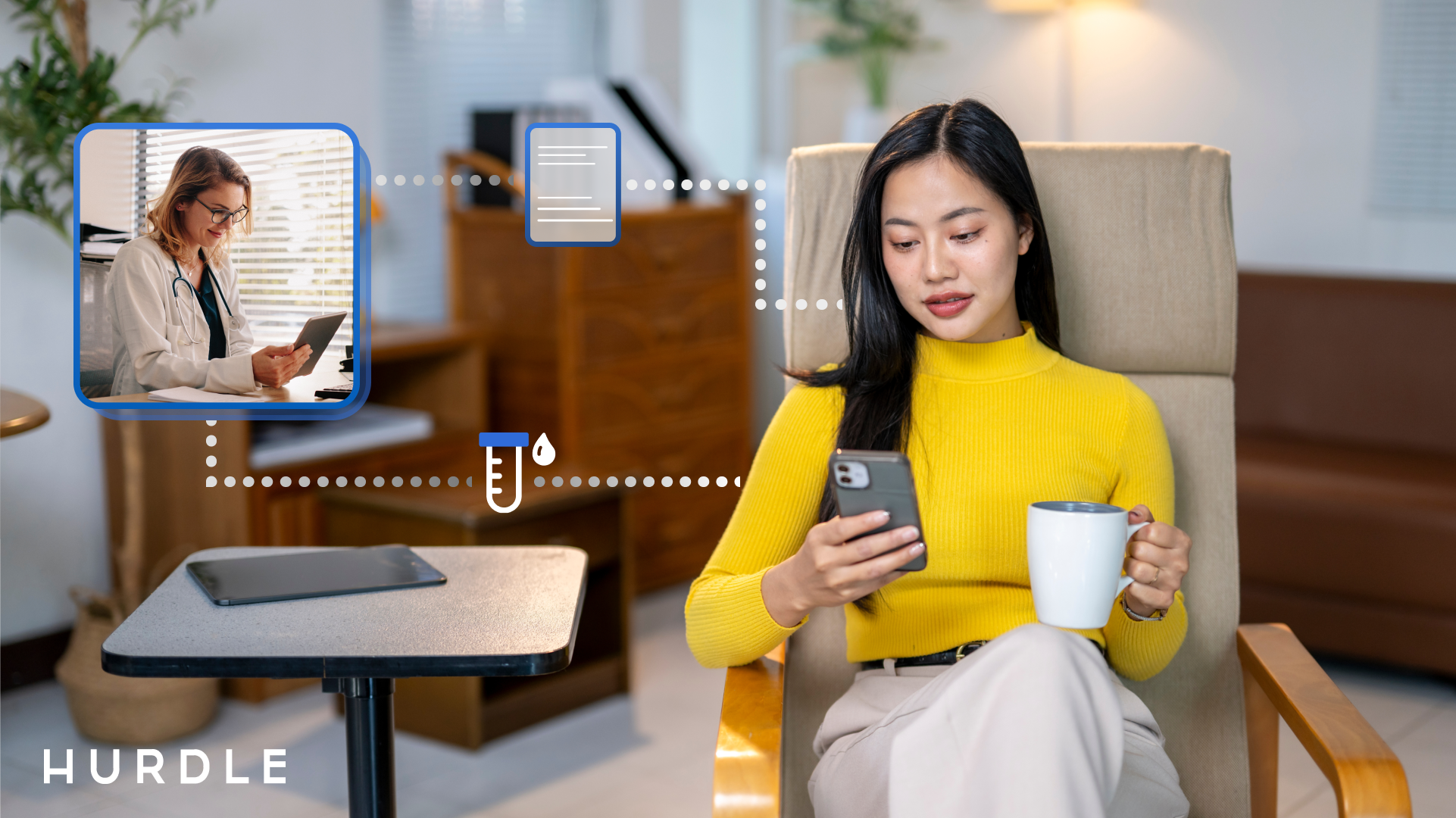 Image shows a patient engaging remotely with a doctor through remote clinical pathways